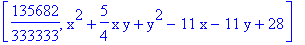 [135682/333333, x^2+5/4*x*y+y^2-11*x-11*y+28]